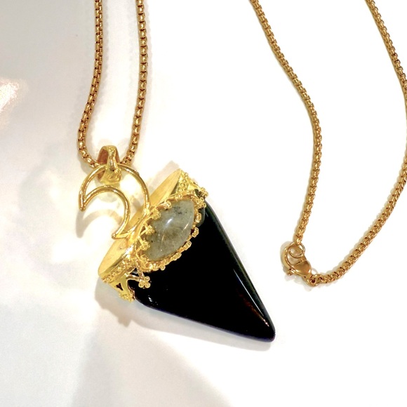 Gold Boho Black Obsidian Moon Crowned Stone Protection Amulet Necklace - Picture 2 of 4